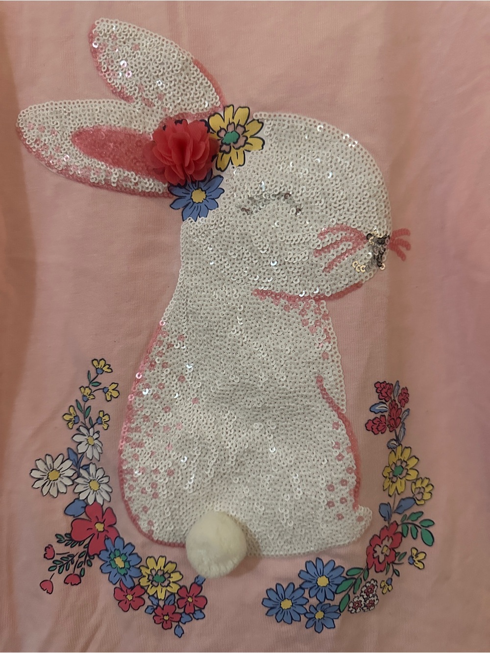 Tommy Bahama Girls Pink Sequin Bunny Top Size 7/8 Eyelet Puff Sleeves